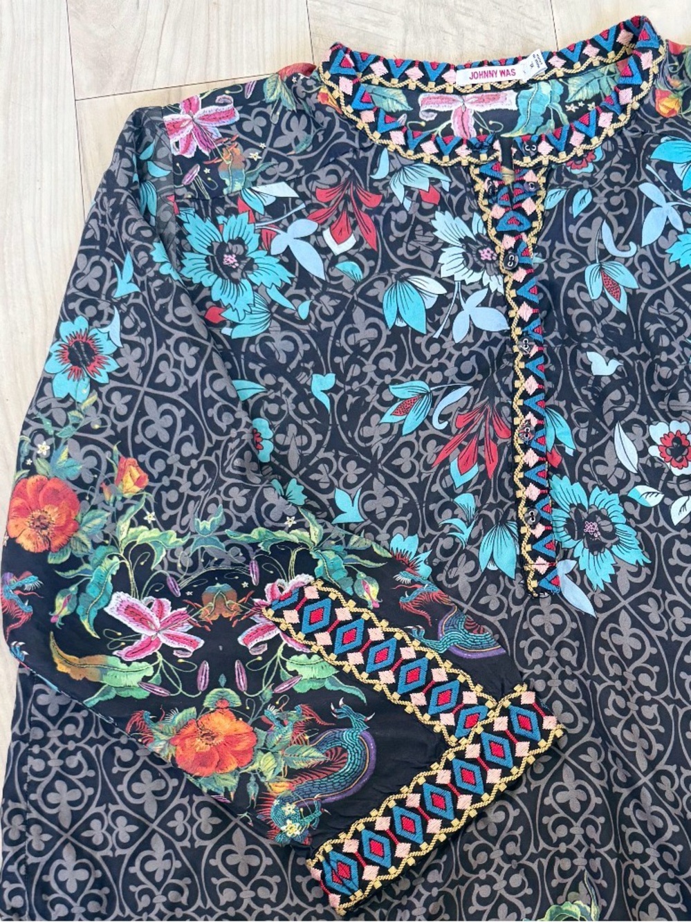 JOHNNY WAS BOHO Floral Embroidered Black Tunic Top